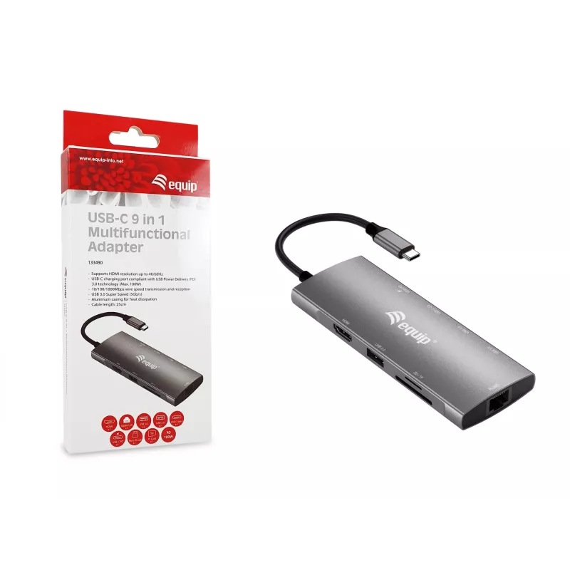 Equip USB-C 9-in-1-monitoimiadapteri, HDMI 4K/60Hz, Gigabit-LAN, USB 3.2 GEN1, SD/TF, 100W USB PD