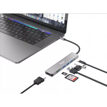 Equip USB-C 7-in-1-monitoimiadapteri, HDMI 4K/60Hz, USB 3.2 Gen1 x3, TF/Micro SD, 100W USB PD