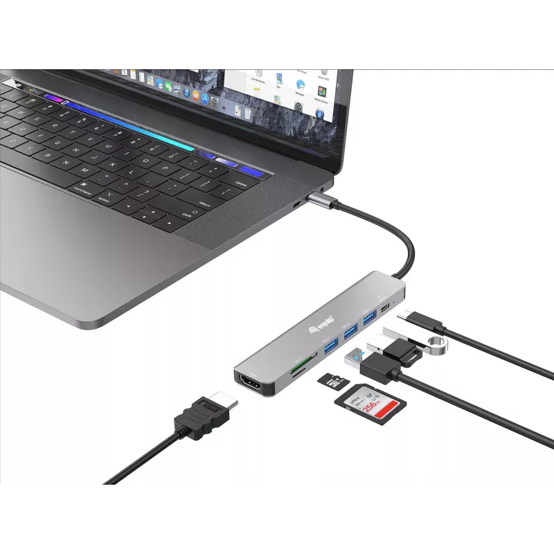 Equip USB-C 7-in-1-monitoimiadapteri, HDMI 4K/60Hz, USB 3.2 Gen1 x3, TF/Micro SD, 100W USB PD