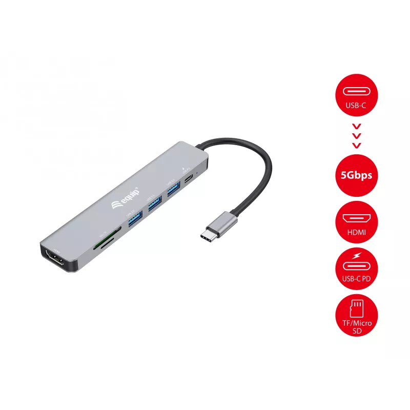 Equip USB-C 7-in-1-monitoimiadapteri, HDMI 4K/60Hz, USB 3.2 Gen1 x3, TF/Micro SD, 100W USB PD