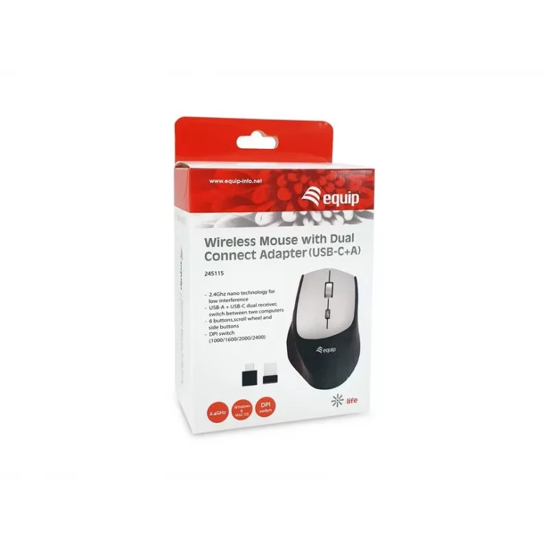 Equip 245115 langaton hiiri Dual-Connect-adapterilla (USB-C+A)
