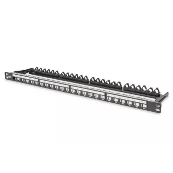 DIGITUS modulaarinen patchpanel, suojattu 24-porttinen, merkintäkenttä, 0,5HE, rack-asennus, väri musta RAL 9005