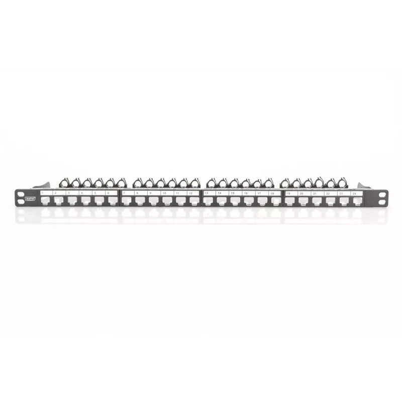 DIGITUS modulaarinen patchpanel, suojattu 24-porttinen, merkintäkenttä, 0,5HE, rack-asennus, väri musta RAL 9005