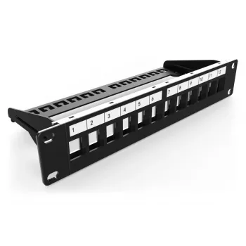 DIGITUS modulaarinen patch panel, suojattu 12-porttinen, tyhjä, 1U, 254mm (10 tuuman) rack-asennus väri musta RAL 9005