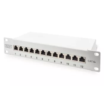 DIGITUS CAT6A patchpanel, suojattu, 12-porttinen merkintäkenttä, 1U, 10 tuuman rack-asennus, harmaa RAL 7035