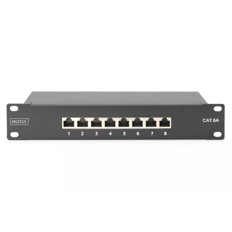 DIGITUS patchpanel CAT6A suojattu, 8-porttinen 1U, 10 tuuman rack-asennus, musta RAL 9005