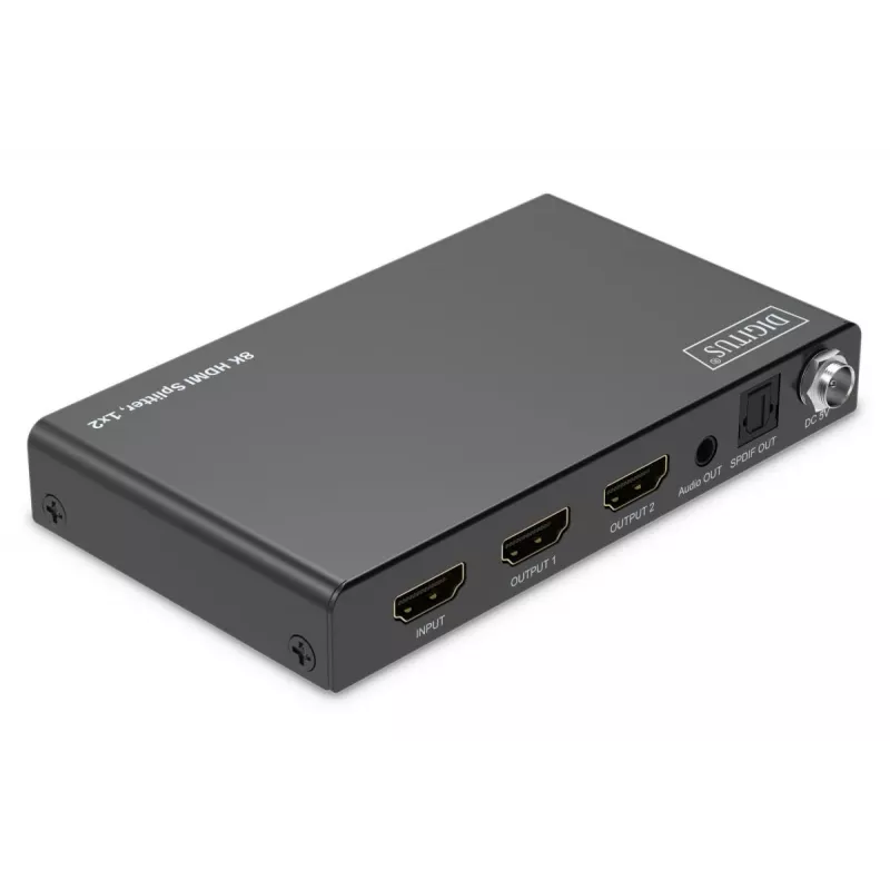 DIGITUS 1x2 HDMI -jakaja – 8K/60Hz (4:4:4), Toslink, stereo, EDID-ohjaus