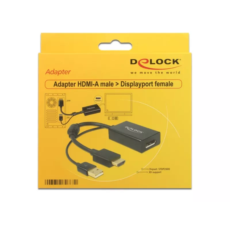 DELOCK HDMI-sovitin Delock A -> DisplayPort uros/naaras + USB-virta 4K