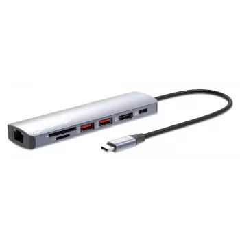 Manhattan USB-C-telakka/keskitin kortinlukijalla, liitännät (x5): Ethernet, HDMI, USB-A (x2) ja USB-C, Power Delivery (PD) 100 W – vaatii erillisen USB-C-laturin (ei sisälly). USB-virralla toimiva (erillistä virtalähdettä ei tarvita), kun PD:tä ei käytetä