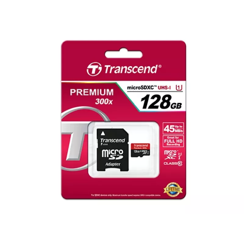 TRANSCEND 128GB Micro SDHC Class 10 UHS-1 adapterilla