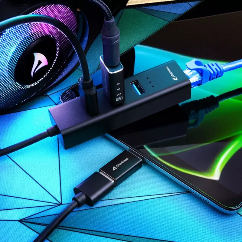 SHARKOON USB-keskitin - 3-porttinen USB 3.2 Gen 1 alumiini + Ethernet musta