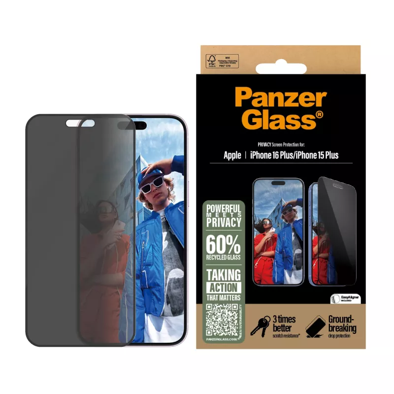 PanzerGlass® Privacy-näytönsuoja iPhone 16 Plus | 15 Plus | Ultra-Wide Fit EasyAlignerilla
