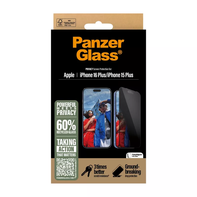 PanzerGlass® Privacy-näytönsuoja iPhone 16 Plus | 15 Plus | Ultra-Wide Fit EasyAlignerilla