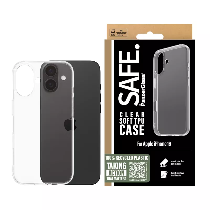 PanzerGlass SAFE. by ® TPU-kotelo, läpinäkyvä, iPhone 16
