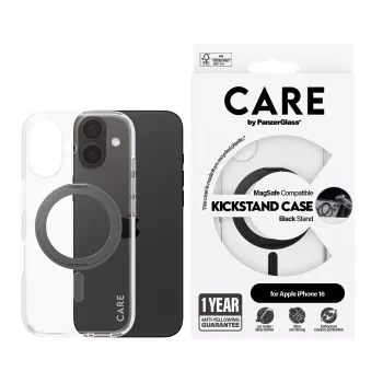 PanzerGlass CARE™ by ® -kotelo, läpinäkyvä, mustalla potkutelineellä ja MagSafe-yhteensopiva, iPhone 16