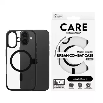 PanzerGlass CARE™ by ® Urban Combat -kotelo, läpinäkyvä, mustalla kehyksellä ja MagSafe-yhteensopiva, iPhone 16