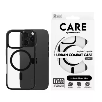 PanzerGlass CARE™ by ® Urban Combat -kotelo, läpinäkyvä, mustalla kehyksellä ja MagSafe-yhteensopiva, iPhone 16 Pro