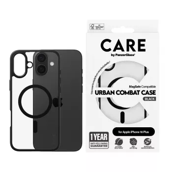 PanzerGlass CARE™ by ® Urban Combat -kotelo, läpinäkyvä, mustalla kehyksellä ja MagSafe-yhteensopiva, iPhone 16 Plus