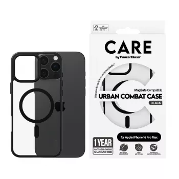 PanzerGlass CARE™ by ® Urban Combat -kotelo, läpinäkyvä, mustalla kehyksellä ja MagSafe-yhteensopiva, iPhone 16 Pro Max