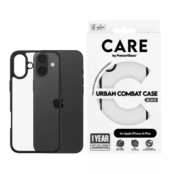 PanzerGlass CARE™ by ® Urban Combat -kotelo, läpinäkyvä, mustalla kehyksellä, iPhone 16 Plus