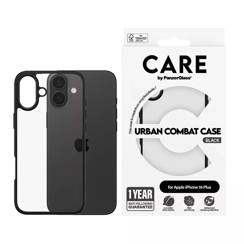 PanzerGlass CARE™ by ® Urban Combat -kotelo, läpinäkyvä, mustalla kehyksellä, iPhone 16 Plus