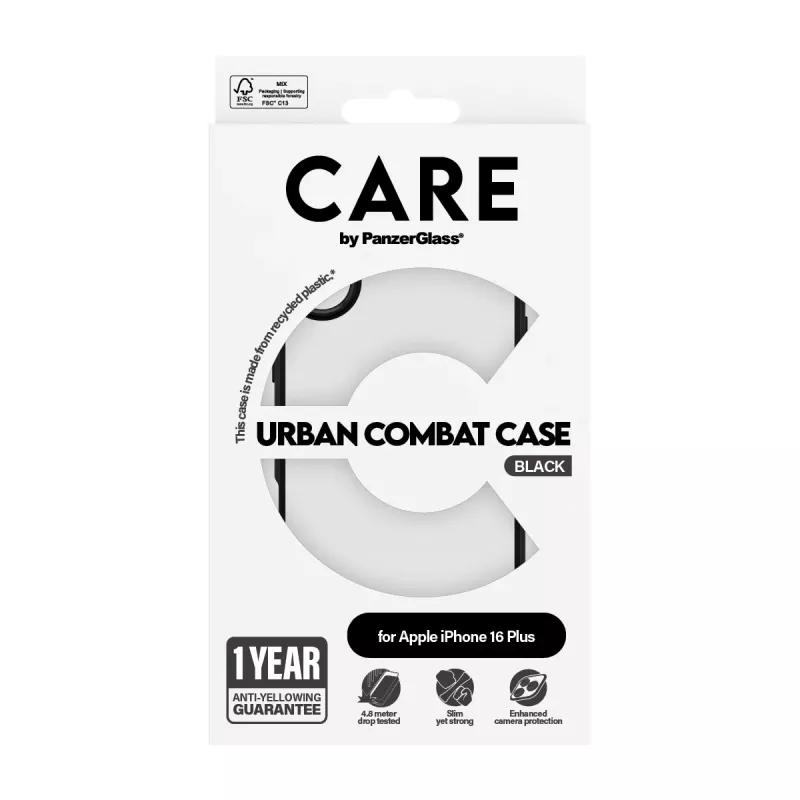 PanzerGlass CARE™ by ® Urban Combat -kotelo, läpinäkyvä, mustalla kehyksellä, iPhone 16 Plus