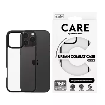 PanzerGlass CARE™ by ® Urban Combat -kotelo, läpinäkyvä, mustalla kehyksellä, iPhone 16 Pro Max
