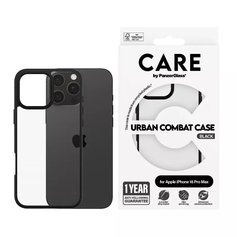 PanzerGlass CARE™ by ® Urban Combat -kotelo, läpinäkyvä, mustalla kehyksellä, iPhone 16 Pro Max