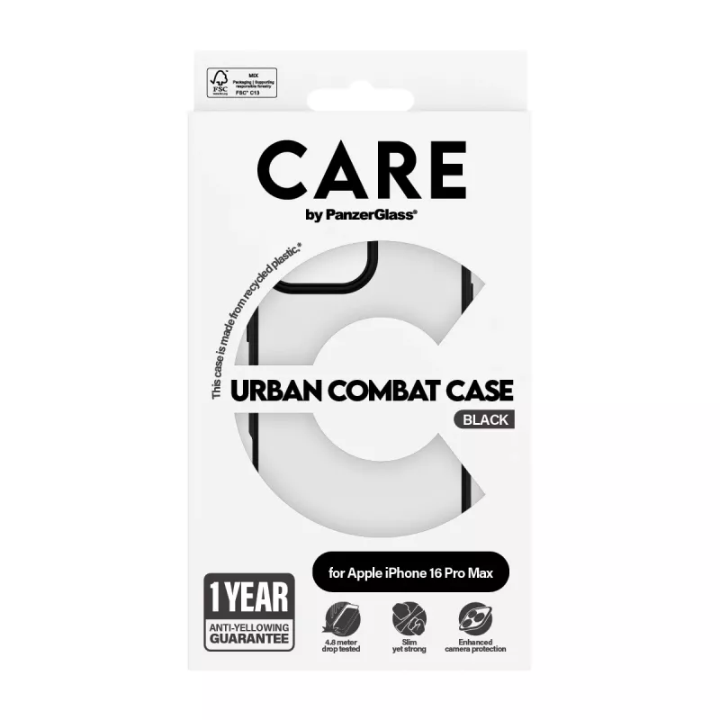 PanzerGlass CARE™ by ® Urban Combat -kotelo, läpinäkyvä, mustalla kehyksellä, iPhone 16 Pro Max