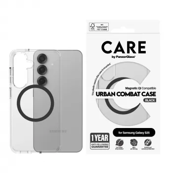 PanzerGlass CARE™ by ® Urban Combat -kotelo, läpinäkyvä, musta, Qi-yhteensopiva, Samsung Galaxy S25