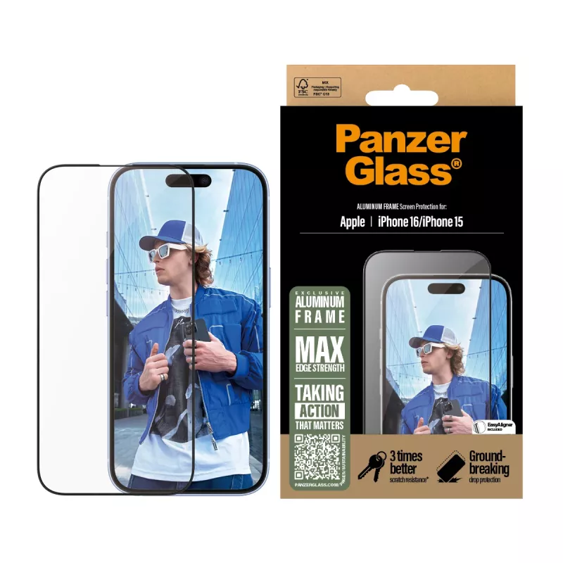 PanzerGlass ® näytönsuoja alumiinikehyksellä iPhone 16 | 15 | Ultra-Wide Fit