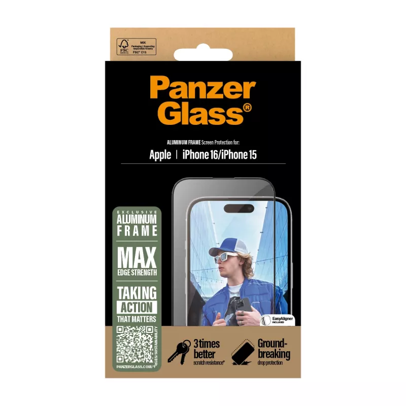 PanzerGlass ® näytönsuoja alumiinikehyksellä iPhone 16 | 15 | Ultra-Wide Fit