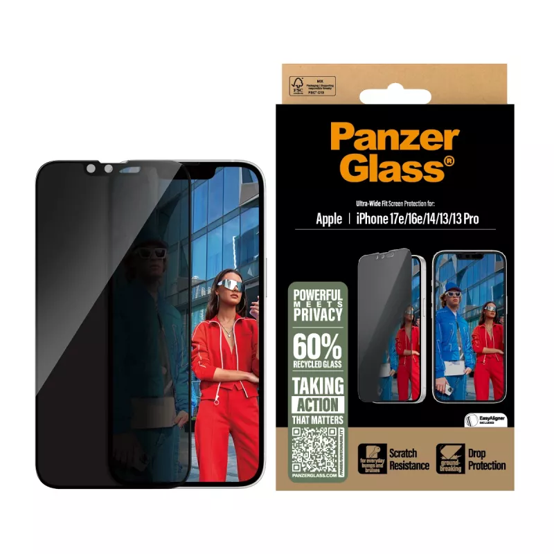 PanzerGlass ® Privacy-näytönsuoja iPhone 17e | 16e | 14 | 13 | 13 Pro | Ultra-Wide Fit EasyAlignerilla