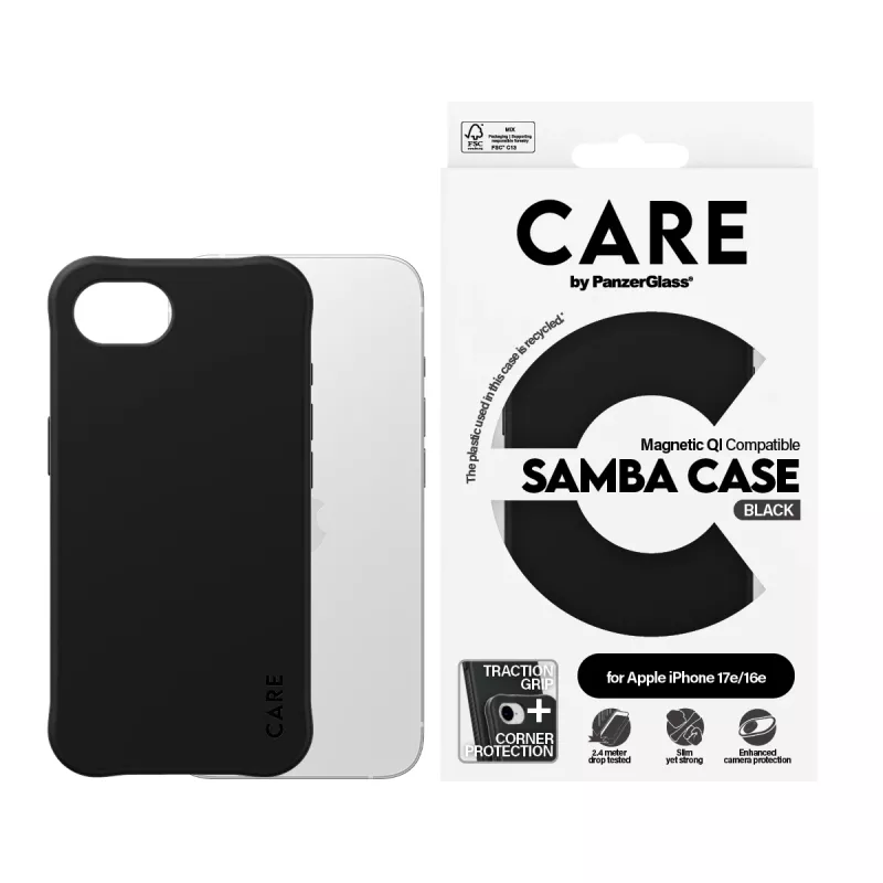 PanzerGlass CARE™ by ® Samba -kotelo, musta, Qi-yhteensopiva, iPhone 17e | 16e