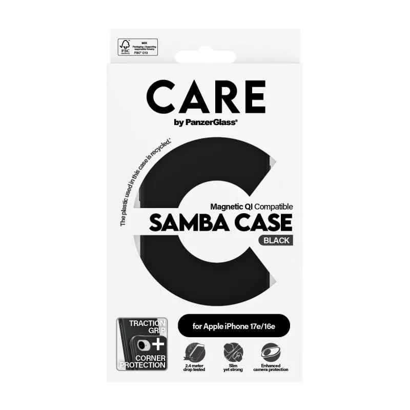 PanzerGlass CARE™ by ® Samba -kotelo, musta, Qi-yhteensopiva, iPhone 17e | 16e