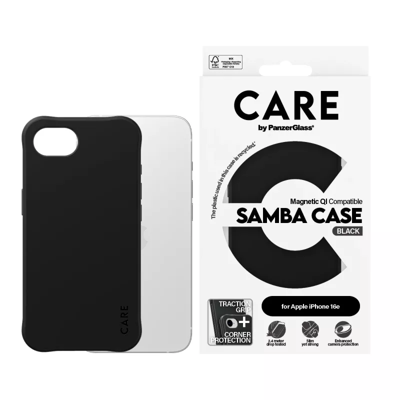 PanzerGlass CARE™ by ® Samba -kotelo, musta, Qi-yhteensopiva, iPhone 17e | 16e