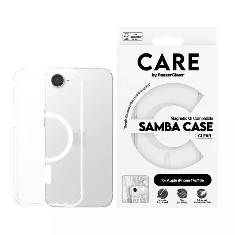 PanzerGlass CARE™ by ® Samba -kotelo, läpinäkyvä, valkoinen, Qi-yhteensopiva, iPhone 17e | 16e