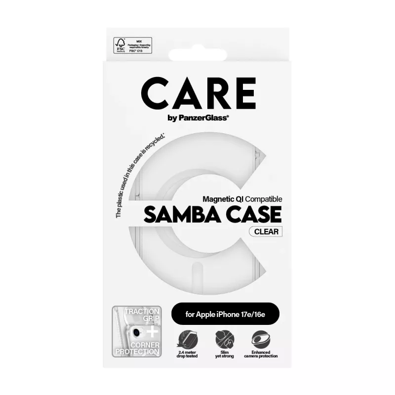 PanzerGlass CARE™ by ® Samba -kotelo, läpinäkyvä, valkoinen, Qi-yhteensopiva, iPhone 17e | 16e