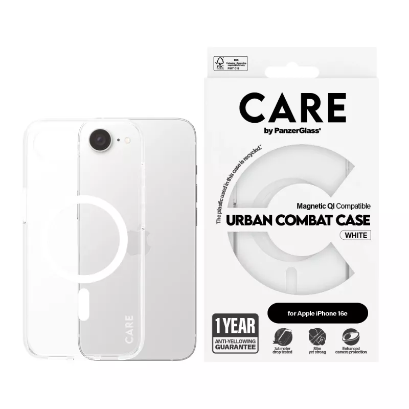PanzerGlass CARE by Flagship Urban Combat White -suojakotelo läpinäkyvä Qi-yhteensopiva iPhone 16e