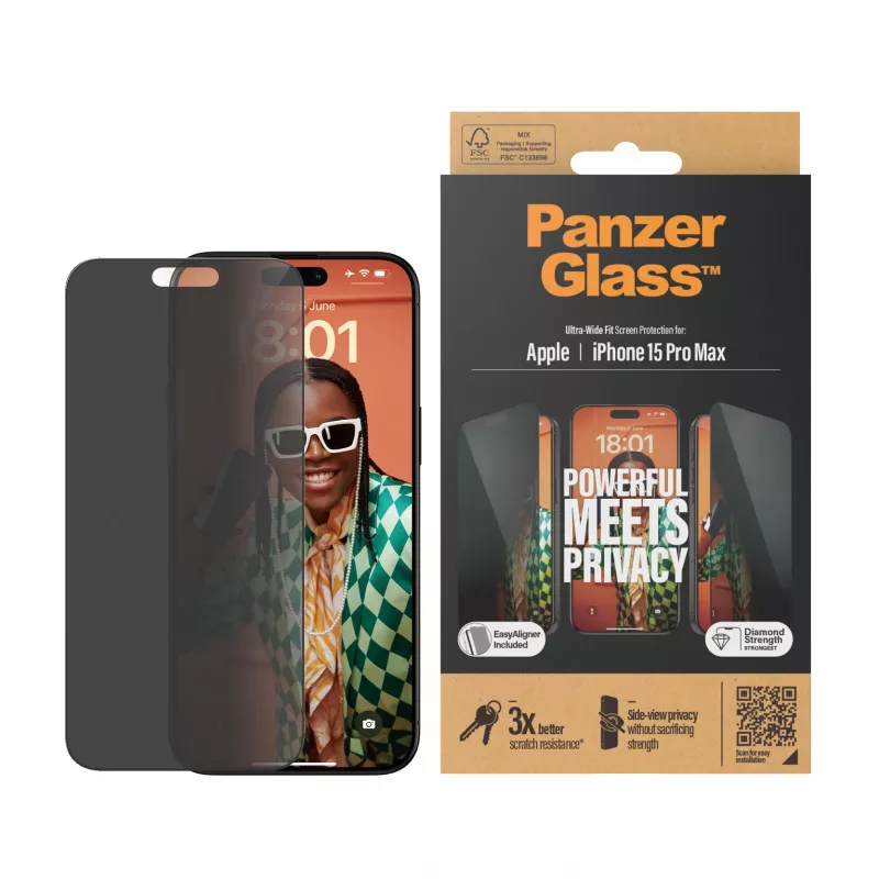 PanzerGlass ® Privacy-näytönsuoja iPhone 15 Pro Max | Ultra-Wide Fit EasyAlignerilla
