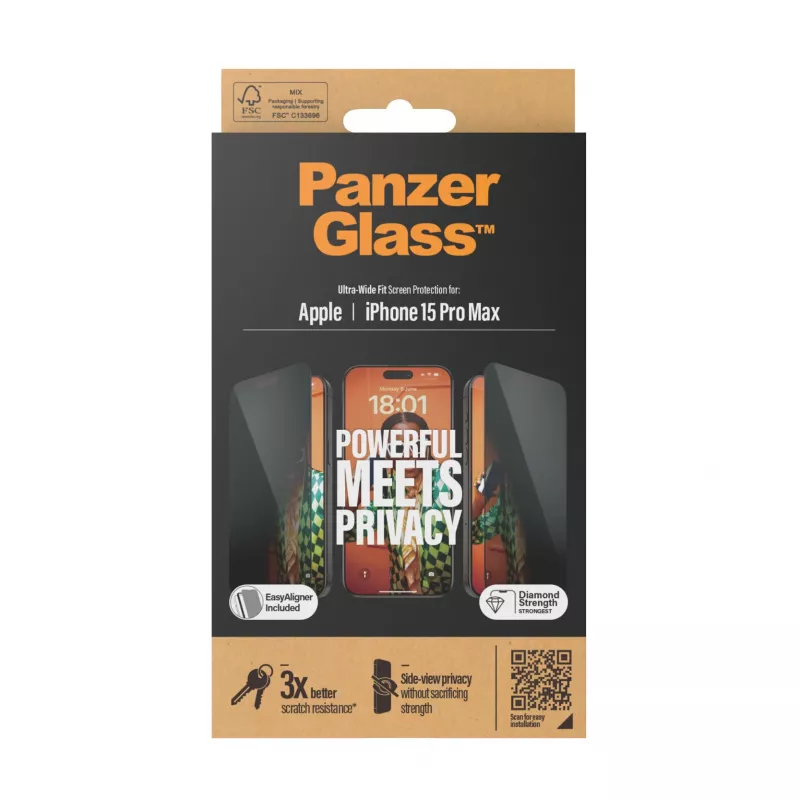 PanzerGlass ® Privacy-näytönsuoja iPhone 15 Pro Max | Ultra-Wide Fit EasyAlignerilla