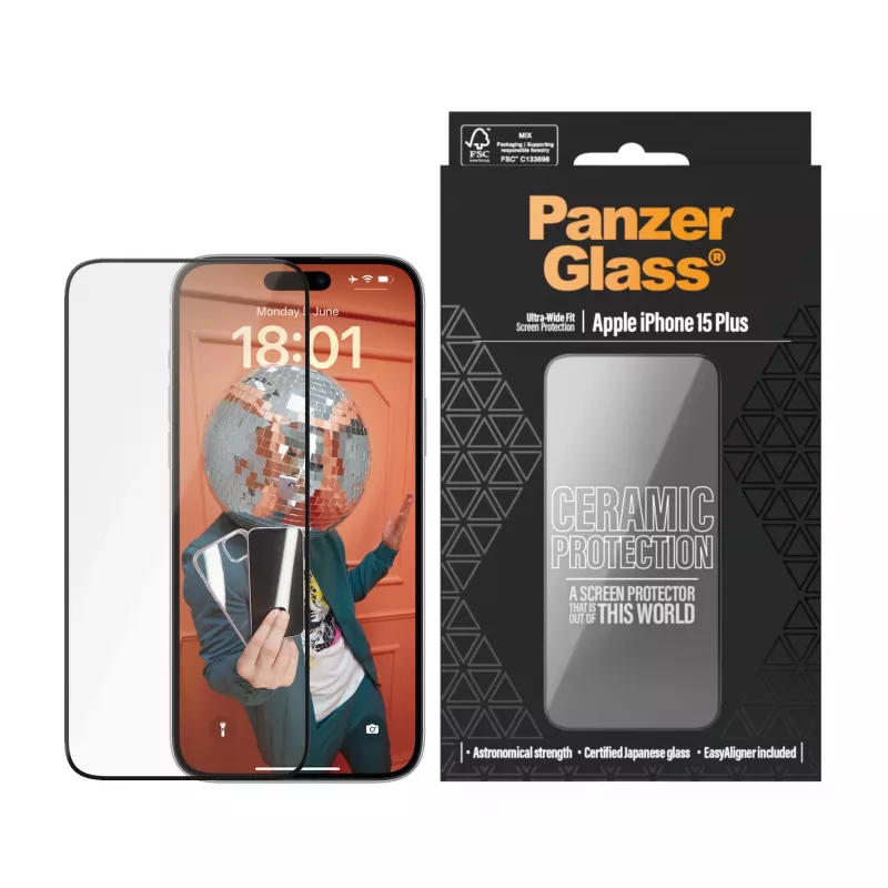 PanzerGlass ® Ceramic Protection iPhone 15 Plus | Ultra-Wide Fit EasyAligner-telineellä