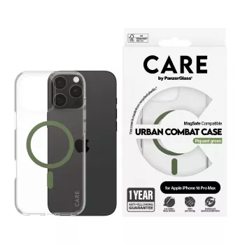 PanzerGlass CARE™ by ® Urban Combat -kotelo läpinäkyvä vihreällä MagSafe-yhteensopivuudella iPhone 16 Pro Max