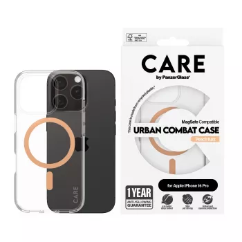 PanzerGlass CARE™ by ® Urban Combat -kotelo läpinäkyvä Peachy MagSafe-yhteensopivuudella iPhone 16 Pro