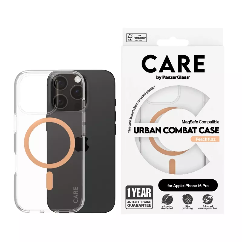 PanzerGlass CARE™ by ® Urban Combat -kotelo läpinäkyvä Peachy MagSafe-yhteensopivuudella iPhone 16 Pro