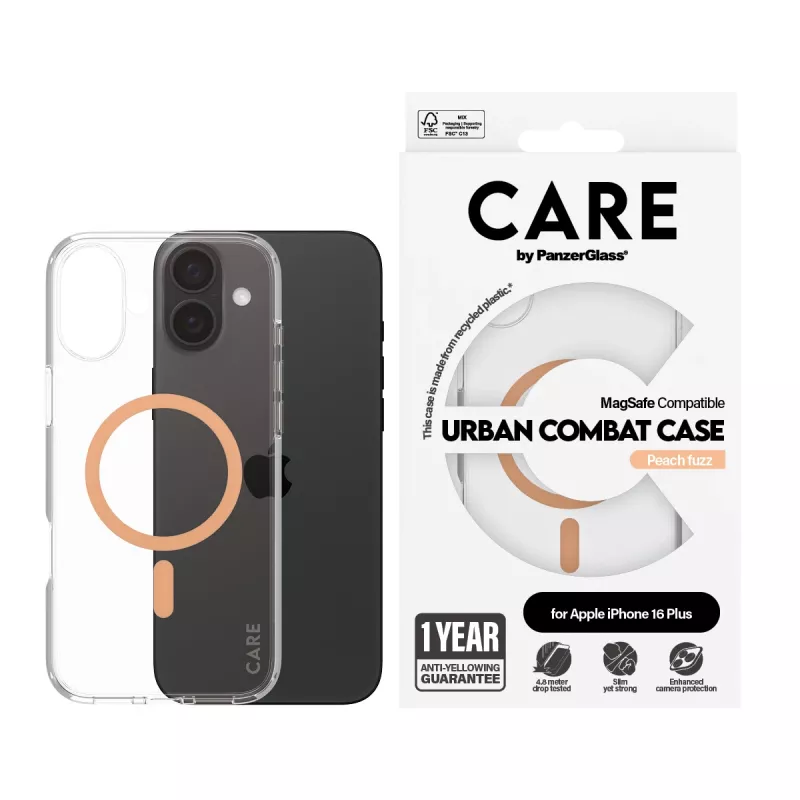 PanzerGlass CARE™ by ® Urban Combat -kotelo läpinäkyvä Peachy MagSafe-yhteensopivuudella iPhone 16 Plus
