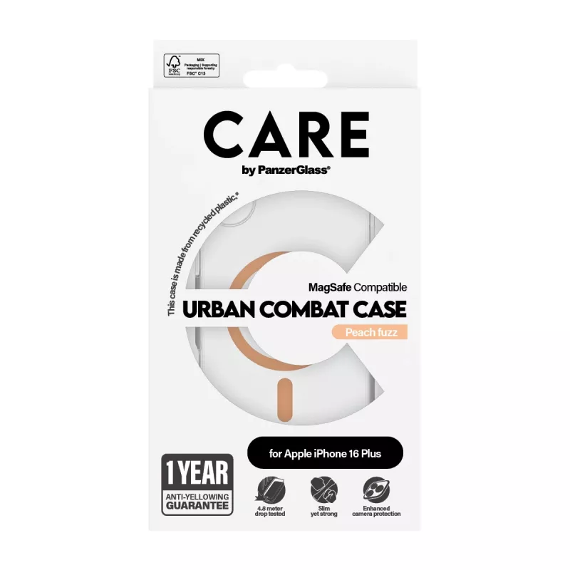 PanzerGlass CARE™ by ® Urban Combat -kotelo läpinäkyvä Peachy MagSafe-yhteensopivuudella iPhone 16 Plus