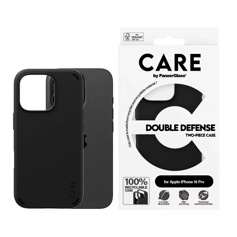PanzerGlass CARE™ by ® Double Defense -kotelo musta iPhone 16 Pro