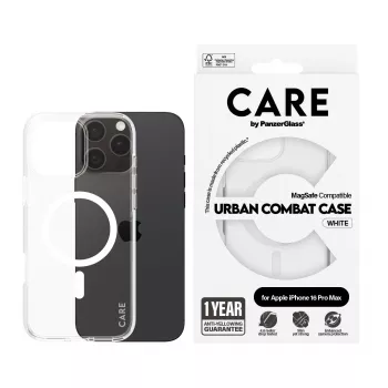 PanzerGlass CARE™ by ® Urban Combat -kotelo läpinäkyvä valkoisella MagSafe-yhteensopivuudella iPhone 16 Pro Max