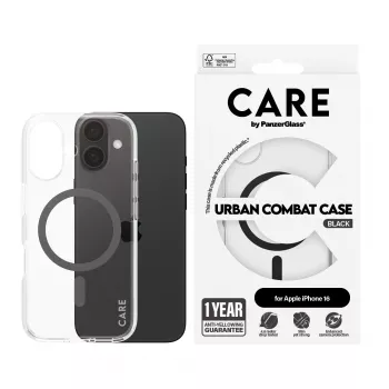 PanzerGlass CARE™ by ® Urban Combat -kotelo läpinäkyvä mustalla MagSafe-yhteensopivuudella iPhone 16